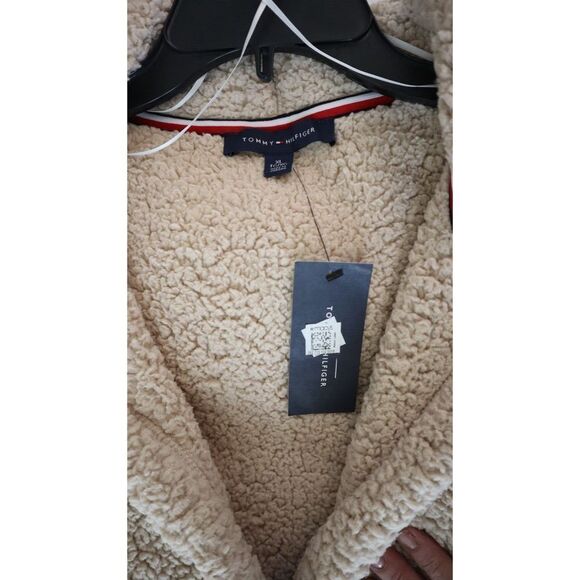 Tommy Hilfiger J2XE0410 Women Sz XL Beige Open-Front Hooded Sherpa/Fleece Jacket - Picture 8 of 9